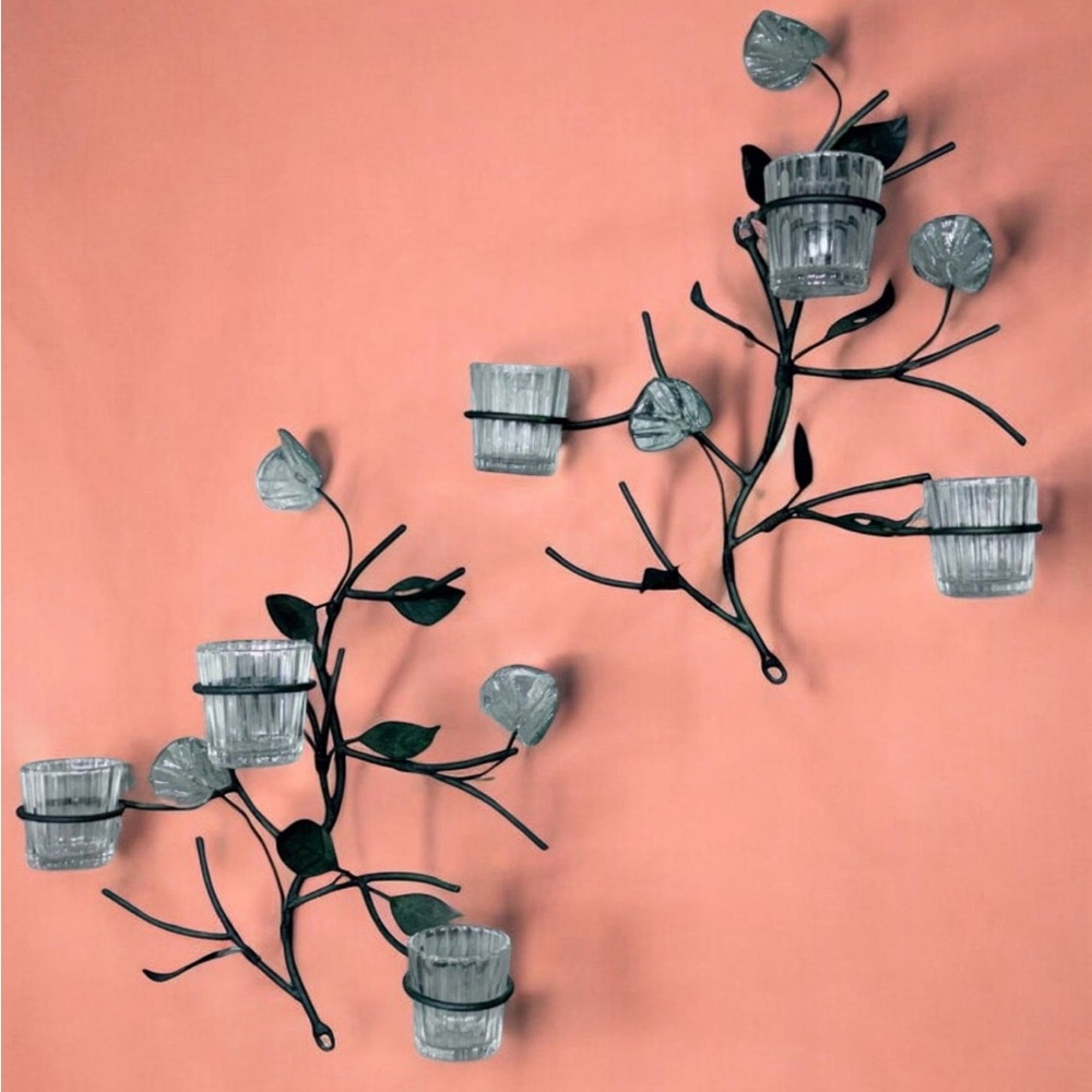 2Pc Metal Branch Wall Sconce Set Green Leaf Ribbed Glass Votive Candle Holders